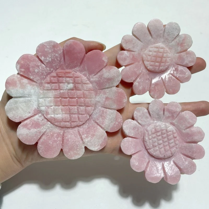 3 Pieces Sunflower Carving With Stand Pink Opal Fluorite Fire Quartz#1 - Image 7