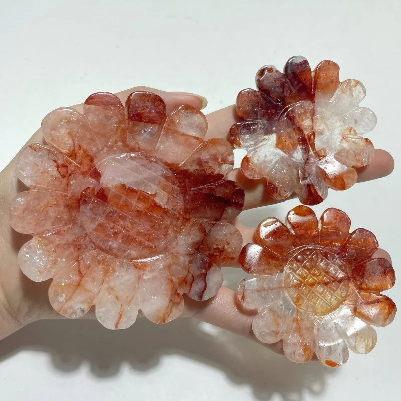 3 Pieces Sunflower Carving With Stand Pink Opal Fluorite Fire Quartz#1 - Image 8