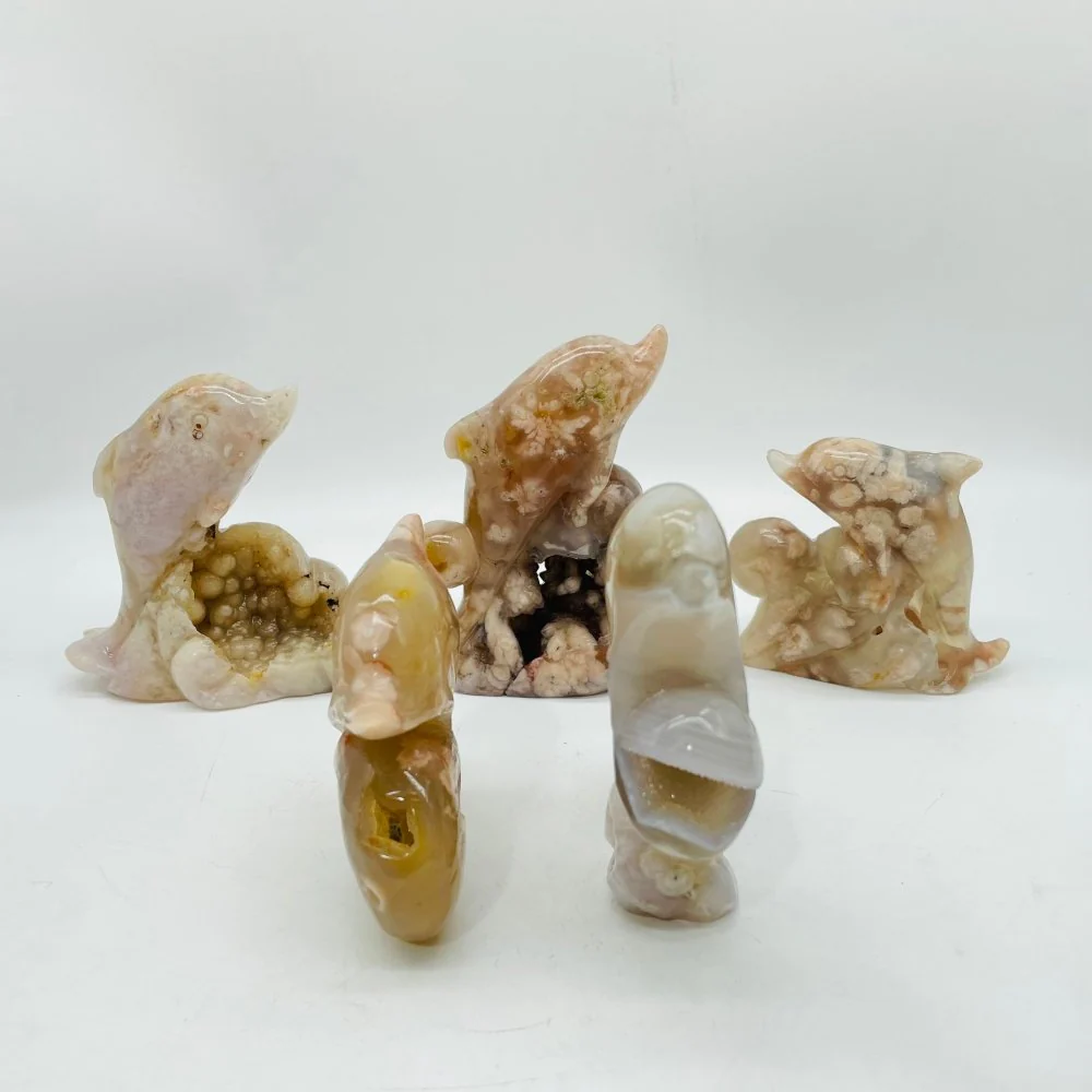 5 Pieces Sakura Flower Agate Geode Dolphin Carving - Image 4