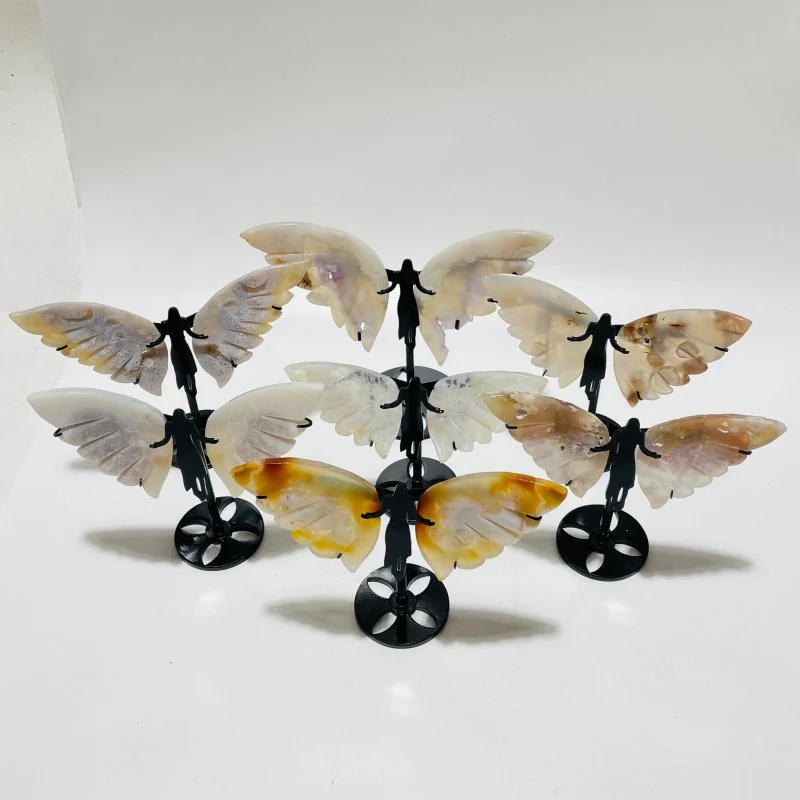 7 Pairs Sakura Flower Agate Small Angel Wing Carving With Stand - Image 8
