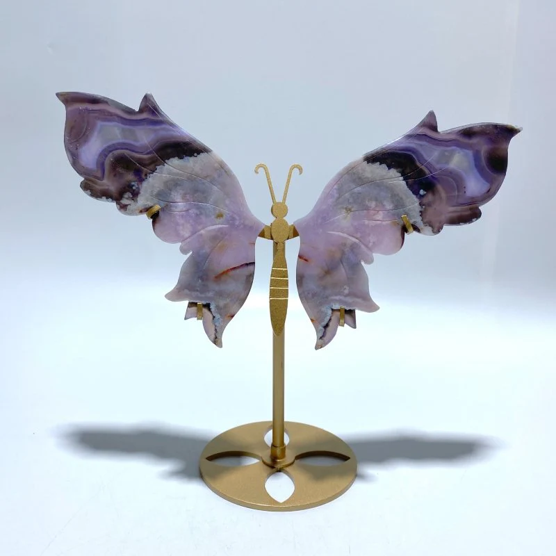 Unique Purple Sakura Flower Agate Butterfly Wing With Stand