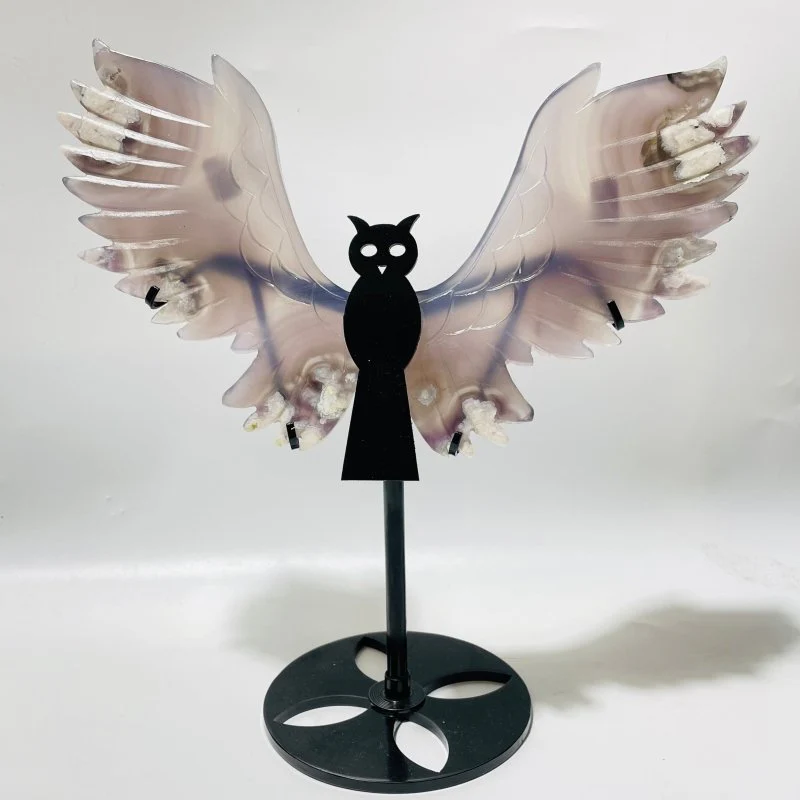 2 Pairs Sakura Flower Agate Owl Wing Carving With Stand - Image 2