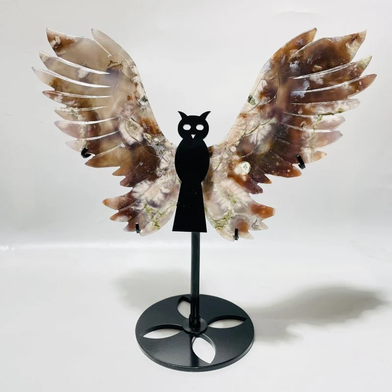 2 Pairs Sakura Flower Agate Owl Wing Carving With Stand - Image 3