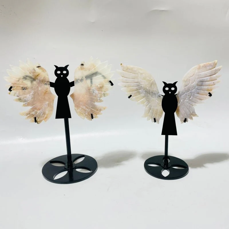 2 Pairs Sakura Flower Agate Small Owl Wing Carving With Stand - Image 3