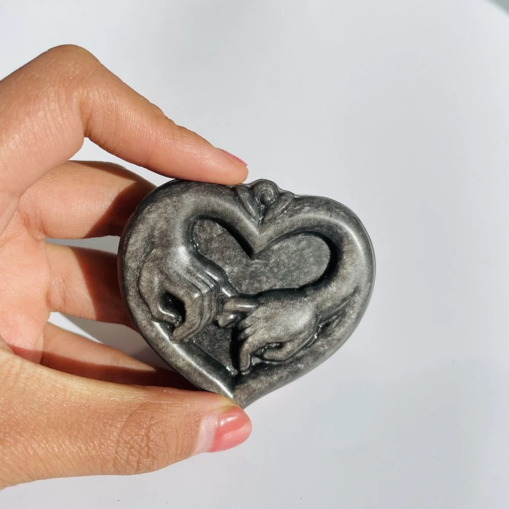 Silver&Gold Sheen Obsidian Love Holding Hands Carving Wholesale - Image 3