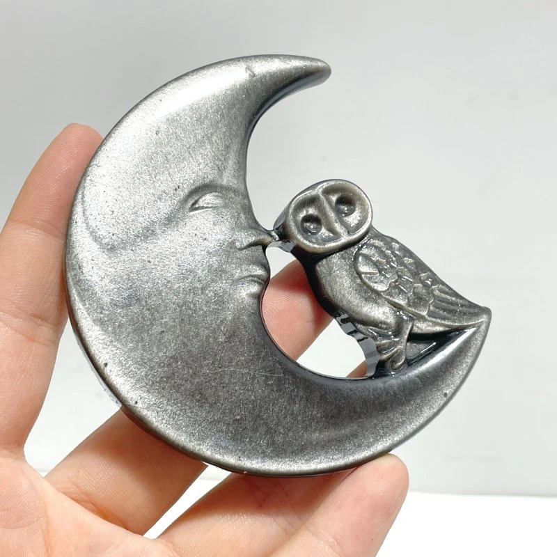 Silver Sheen Obsidian Moon Face Owl Carving Wholesale - Image 2