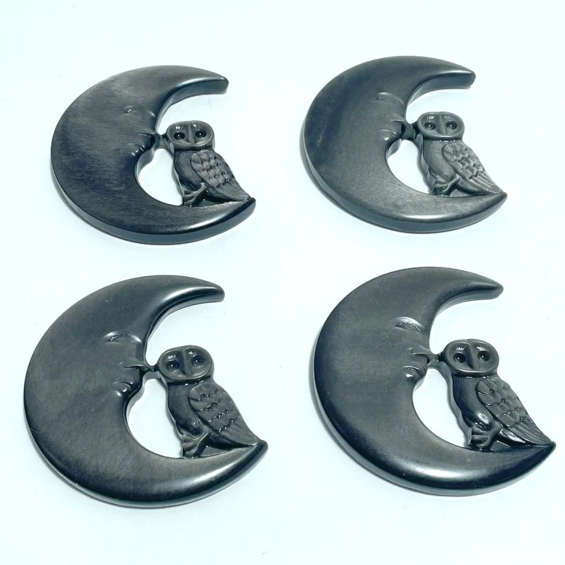 Silver Sheen Obsidian Moon Face Owl Carving Wholesale - Image 3
