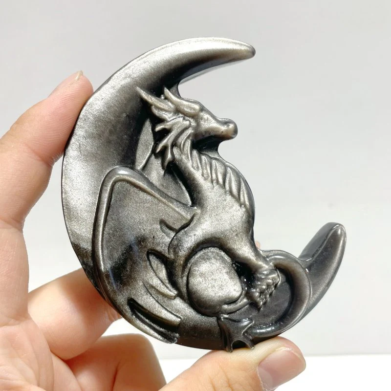 Silver Sheen Obsidian Moon Flying Dragon Carving Wholesale