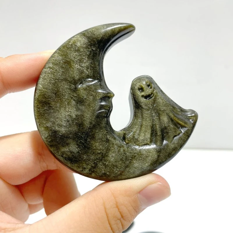 Silver Sheen Obsidian Moon Ghost Carving Wholesale Gold Sheen Obsidian - Image 3