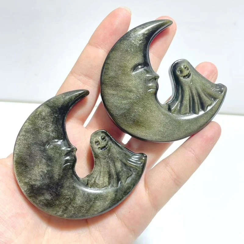 Silver Sheen Obsidian Moon Ghost Carving Wholesale Gold Sheen Obsidian - Image 4