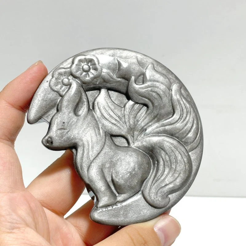 Silver Sheen Obsidian Nine-tailed Fox Moon Carving Wholesale