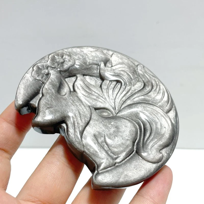 Silver Sheen Obsidian Nine-tailed Fox Moon Carving Wholesale - Image 2