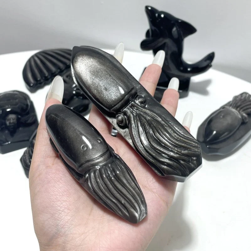 9 Pieces Silver Sheen Obsidian Sea Animals Carving - Image 2