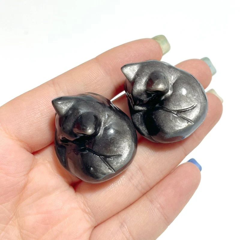 Small Silver Sheen Obsidian Sleeping Cat Carving Wholesale