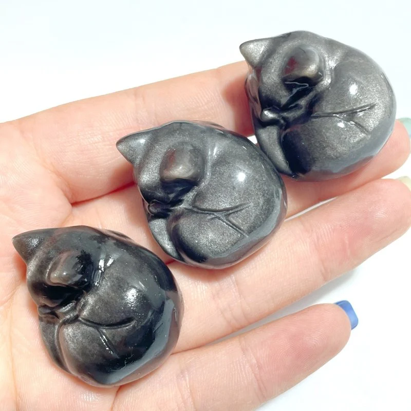 Small Silver Sheen Obsidian Sleeping Cat Carving Wholesale - Image 3