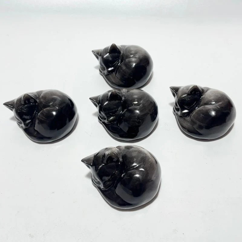 Silver Sheen Obsidian Sleeping Cat Carving Wholesale - Image 4