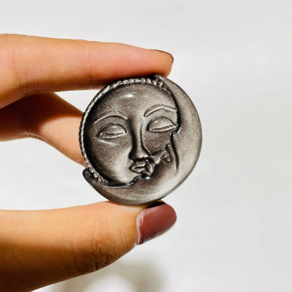 Silver Sheen Obsidian Sun&Moon Carving Wholesale - Image 2