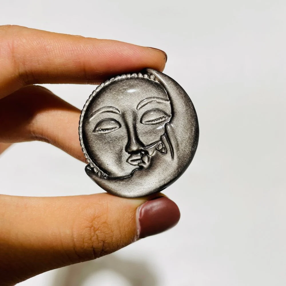 Silver Sheen Obsidian Sun&Moon Carving Wholesale - Image 3