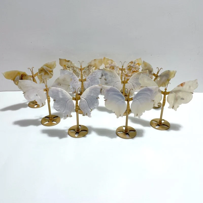 10 Pairs Small Sakura Flower Agate Butterfly Wing Carving With Stand