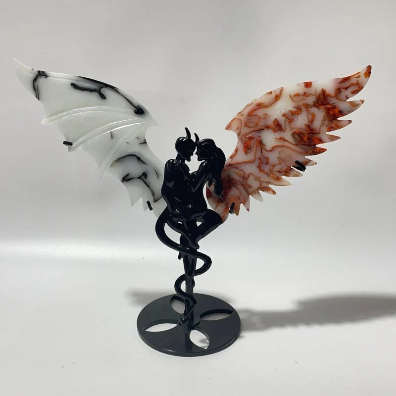 Smelting Agate Demon And Angel Wing Carving With Stand