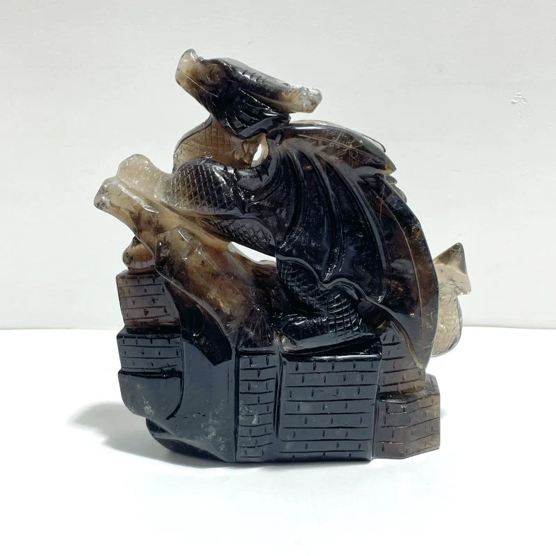 Smoky Quartz Flying Dragon Castle Carving