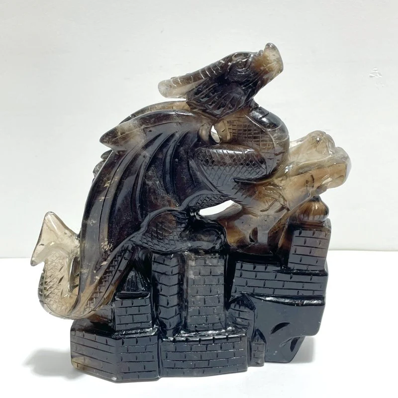 Smoky Quartz Flying Dragon Castle Carving - Image 2