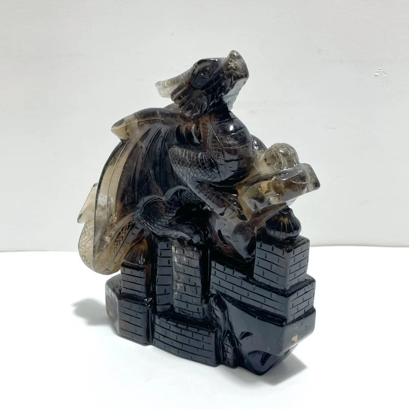 Smoky Quartz Flying Dragon Castle Carving - Image 3