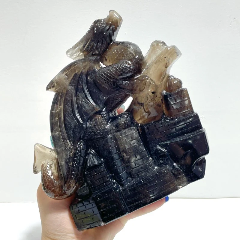 Smoky Quartz Flying Dragon Castle Carving - Image 4
