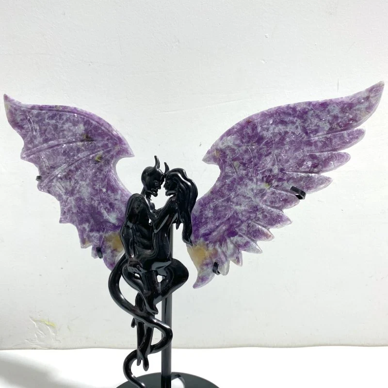 Beautiful Spark Lepidolite Demon And Angel Wing Carving With Stand - Image 2