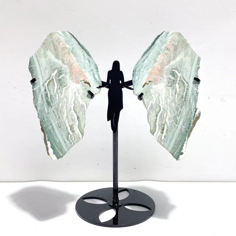 2 Pairs Stripe Moss Agate Slab Angel Wing With Stand - Image 2