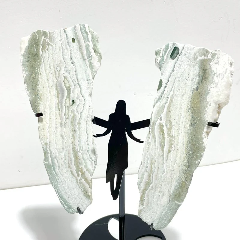 2 Pairs Stripe Moss Agate Slab Angel Wing With Stand - Image 5
