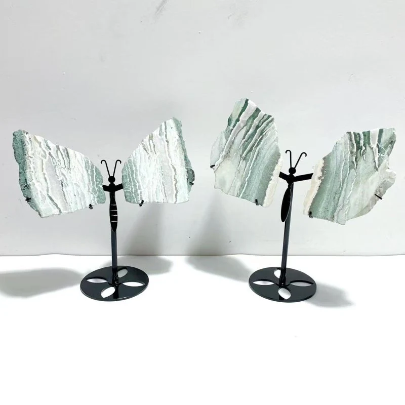 2 Pairs Stripe Moss Agate Slab Butterfly Wing With Stand