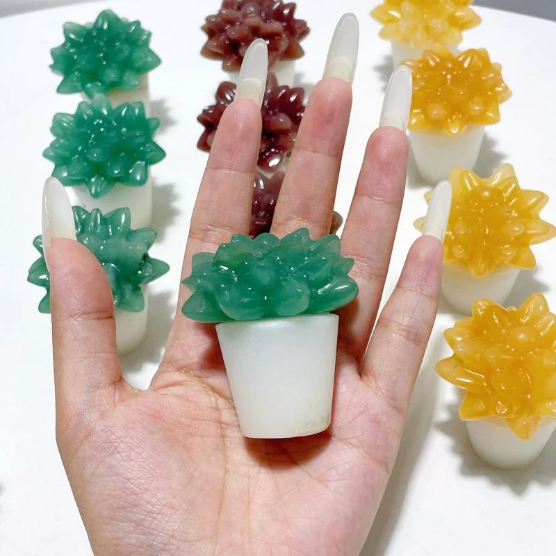 3 Types Succulent Potted Plants Carving Wholesale Yellow Calcite Strawberry Quartz Green Aventurine