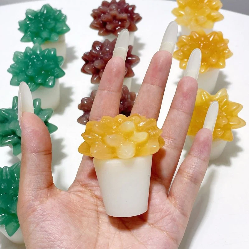 3 Types Succulent Potted Plants Carving Wholesale Yellow Calcite Strawberry Quartz Green Aventurine - Image 3