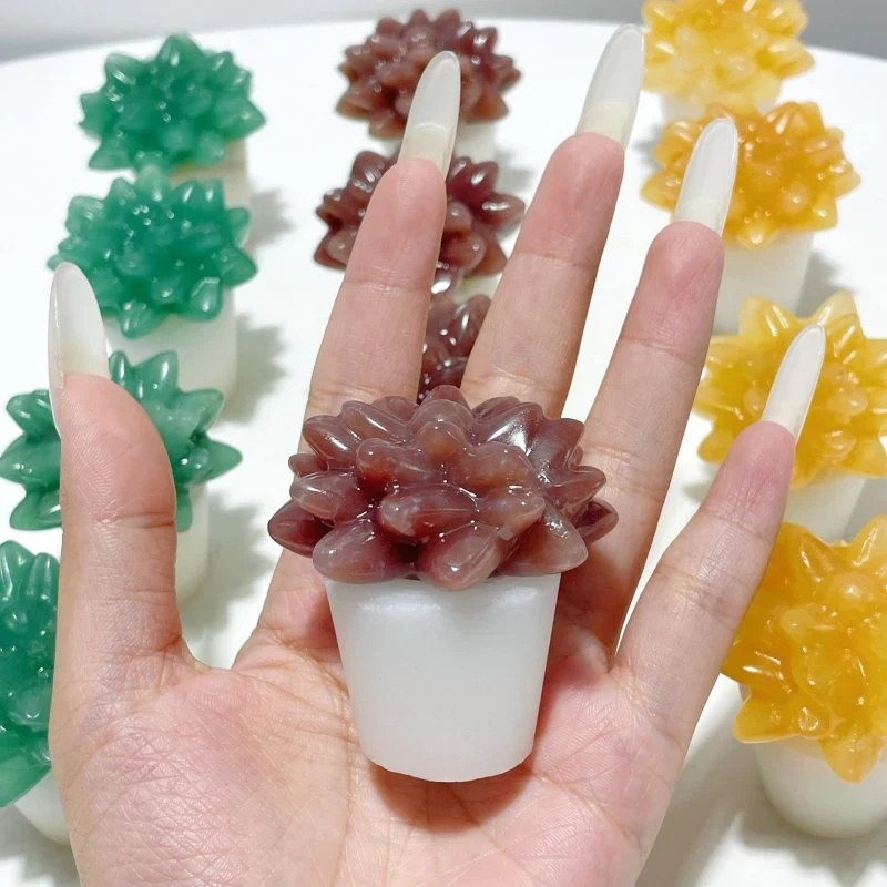 3 Types Succulent Potted Plants Carving Wholesale Yellow Calcite Strawberry Quartz Green Aventurine - Image 5