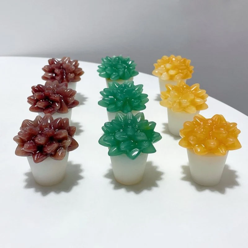 3 Types Succulent Potted Plants Carving Wholesale Yellow Calcite Strawberry Quartz Green Aventurine - Image 7