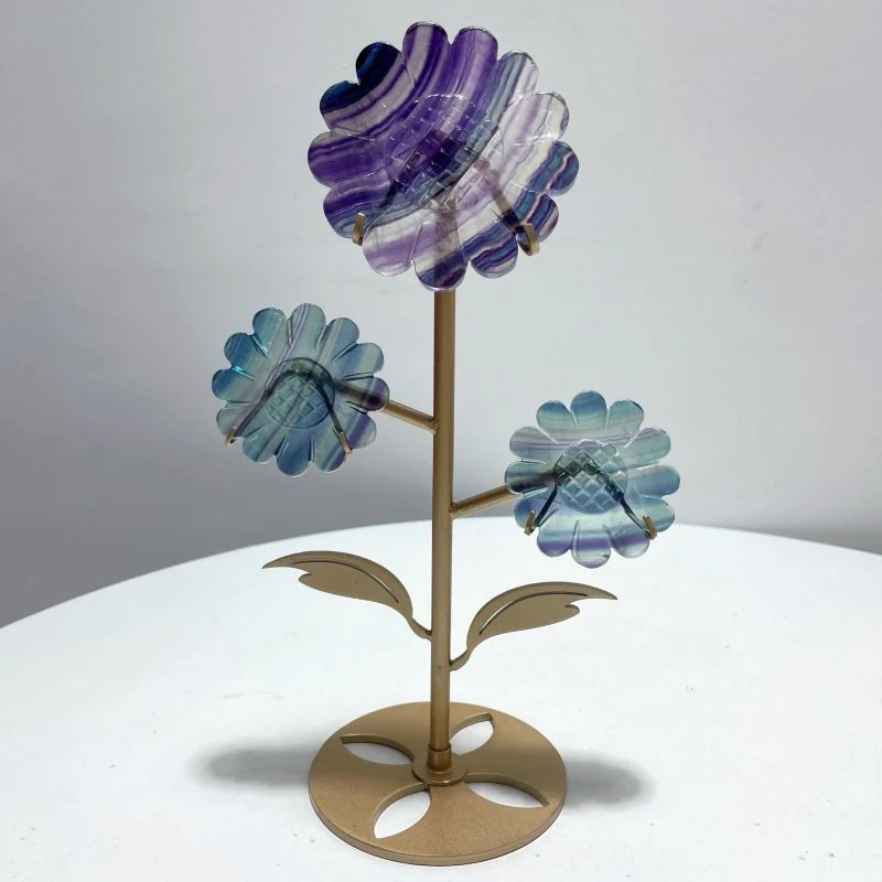 3 Pieces Unique Sunflower Carving With Stand Fire Quartz Fluorite Pink Opal#2 - Image 4