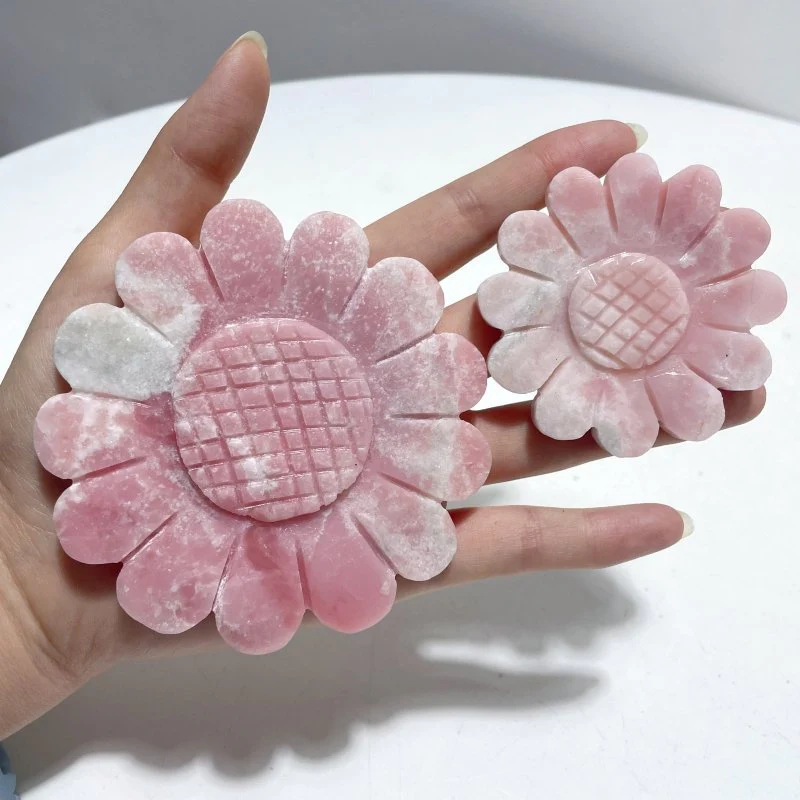 3 Pieces Unique Sunflower Carving With Stand Fire Quartz Fluorite Pink Opal#2 - Image 5