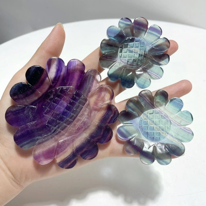 3 Pieces Unique Sunflower Carving With Stand Fire Quartz Fluorite Pink Opal#2 - Image 6