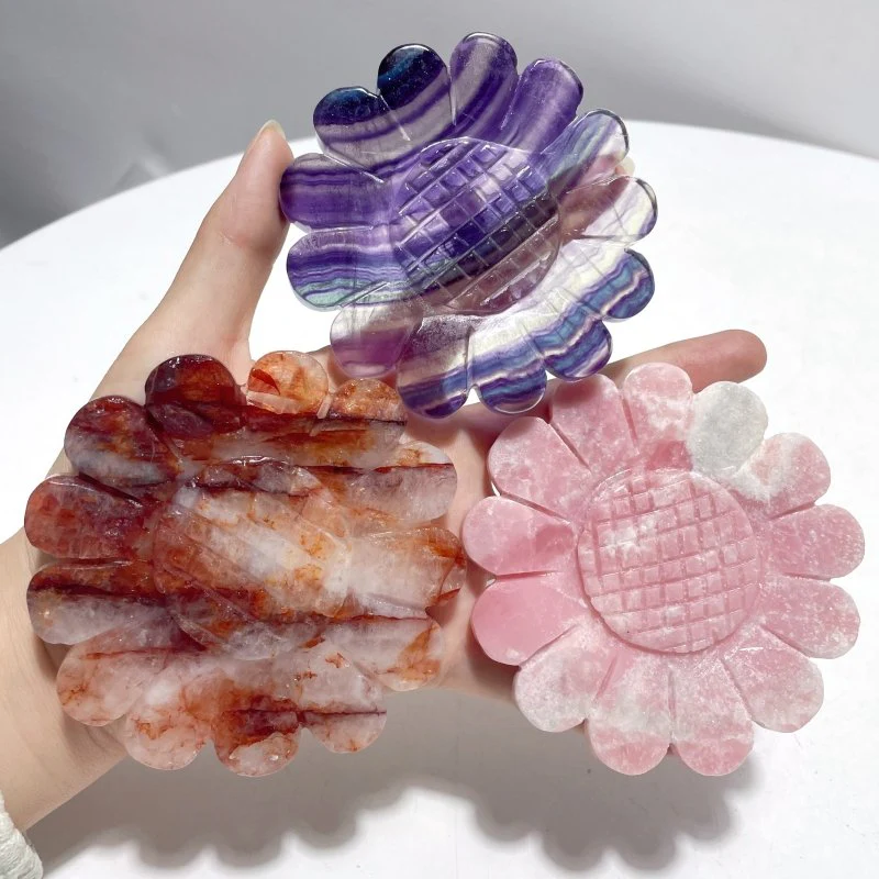 3 Pieces Unique Sunflower Carving With Stand Fire Quartz Fluorite Pink Opal#2 - Image 8