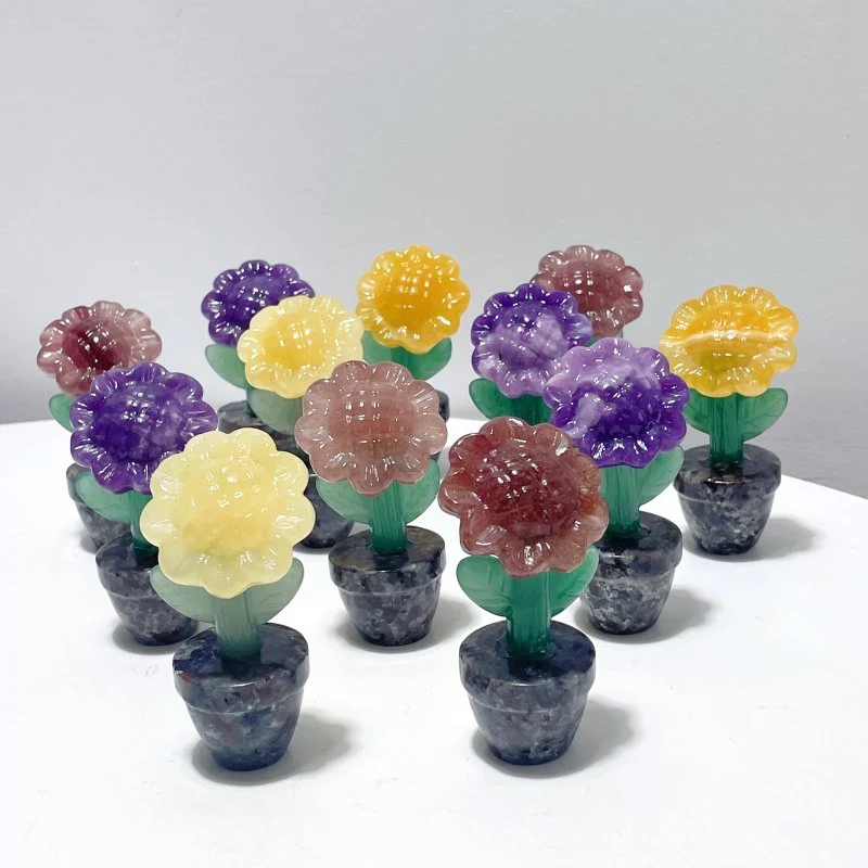 3 Types Sunflower Potted Plants Carving Wholesale Strawberry Quartz Yellow Calcite Lepidolite