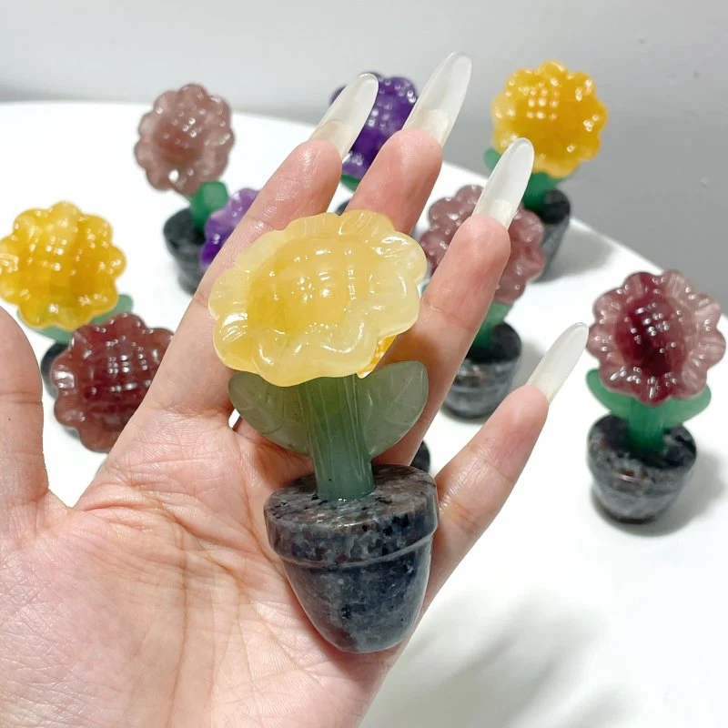 3 Types Sunflower Potted Plants Carving Wholesale Strawberry Quartz Yellow Calcite Lepidolite - Image 3