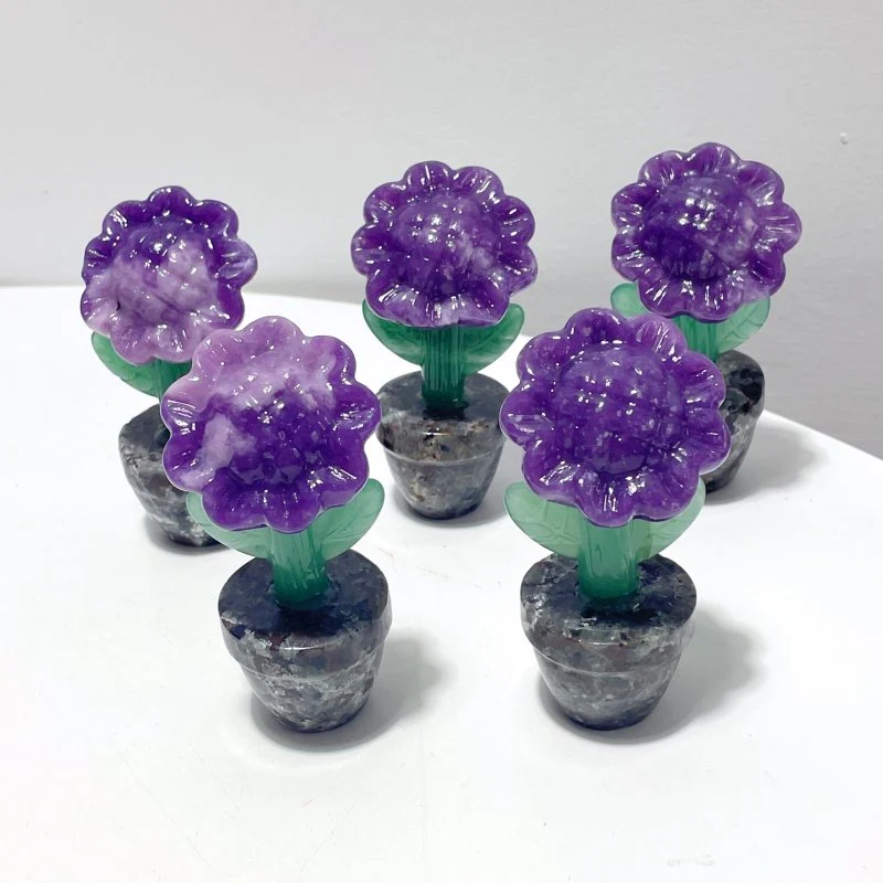 3 Types Sunflower Potted Plants Carving Wholesale Strawberry Quartz Yellow Calcite Lepidolite - Image 4