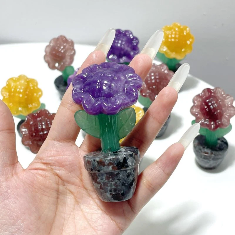 3 Types Sunflower Potted Plants Carving Wholesale Strawberry Quartz Yellow Calcite Lepidolite - Image 5
