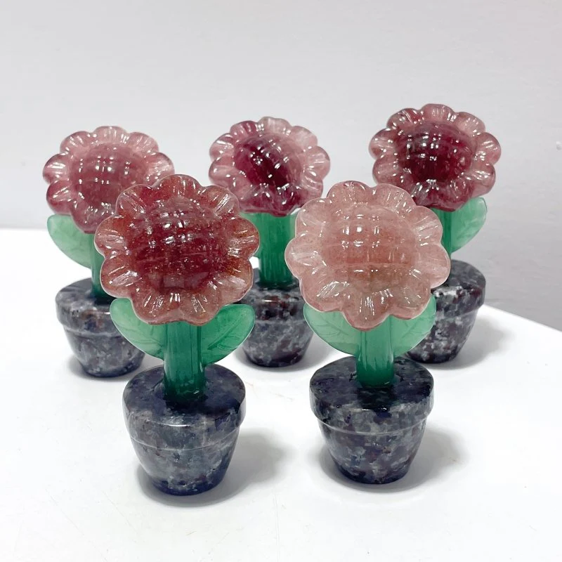 3 Types Sunflower Potted Plants Carving Wholesale Strawberry Quartz Yellow Calcite Lepidolite - Image 6