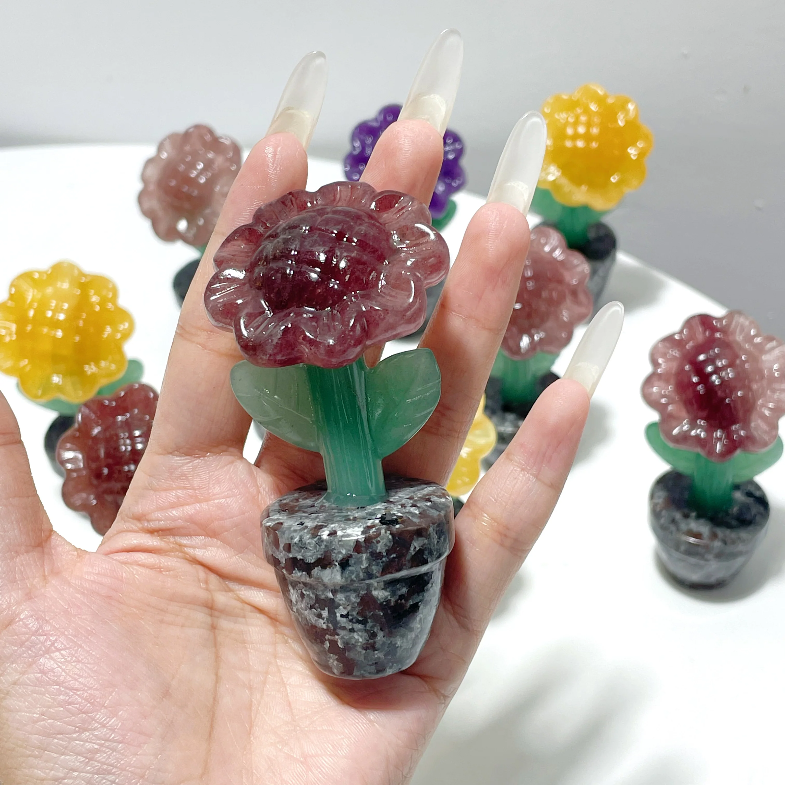 3 Types Sunflower Potted Plants Carving Wholesale Strawberry Quartz Yellow Calcite Lepidolite - Image 7