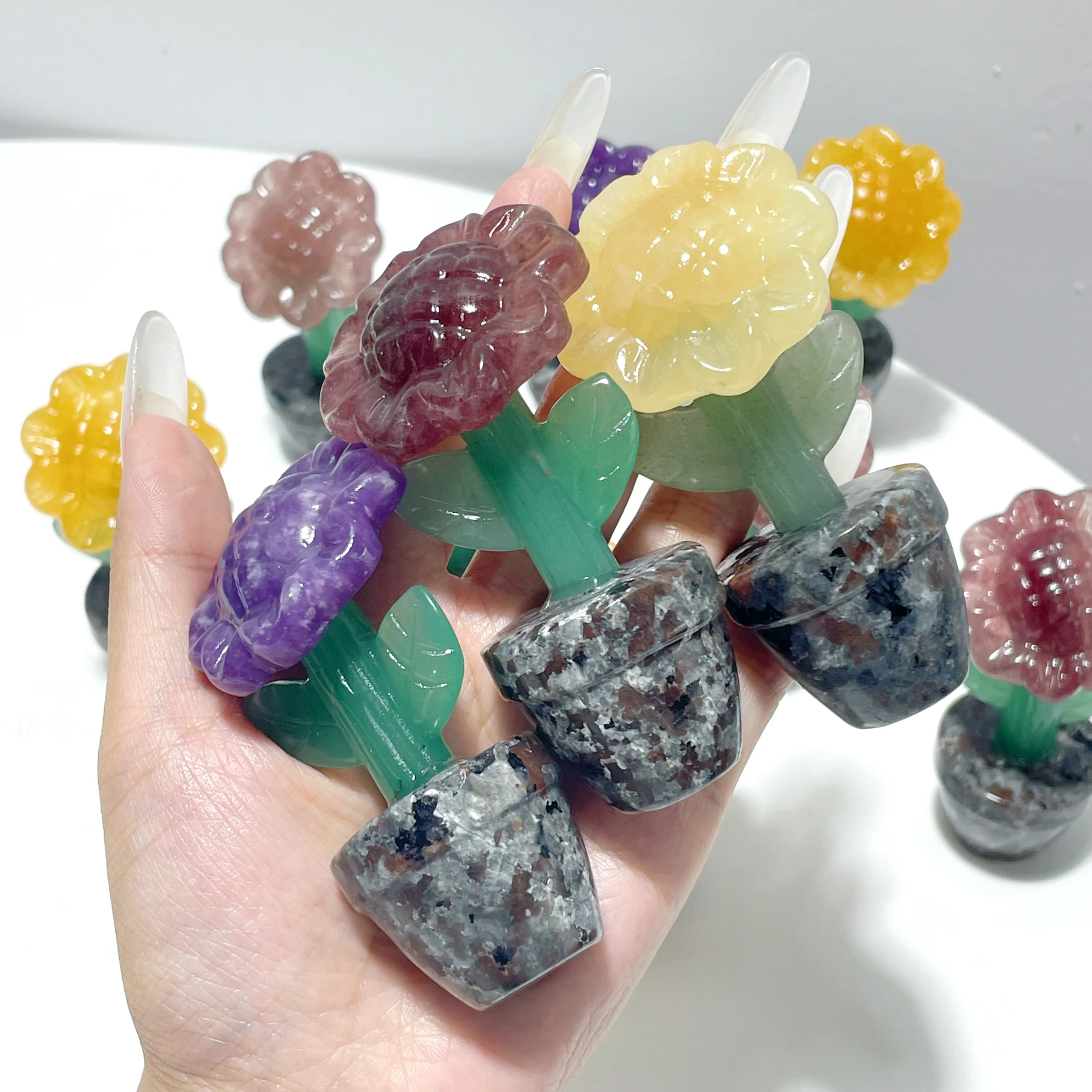 3 Types Sunflower Potted Plants Carving Wholesale Strawberry Quartz Yellow Calcite Lepidolite - Image 8