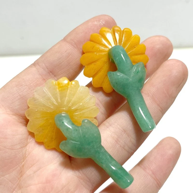Sunflower-shaped Yellow Jade And Green Aventurine Leaf Carving Wholesale - Image 7