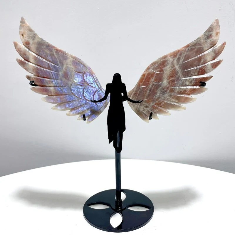 Sunstone Mixed Moonstone Angel Wing Carving With Stand