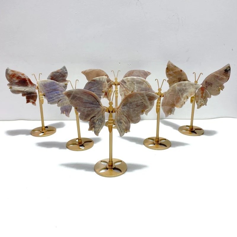 6 Pairs Sunstone Mixed Moonstone Butterfly Wing Carving With Stand